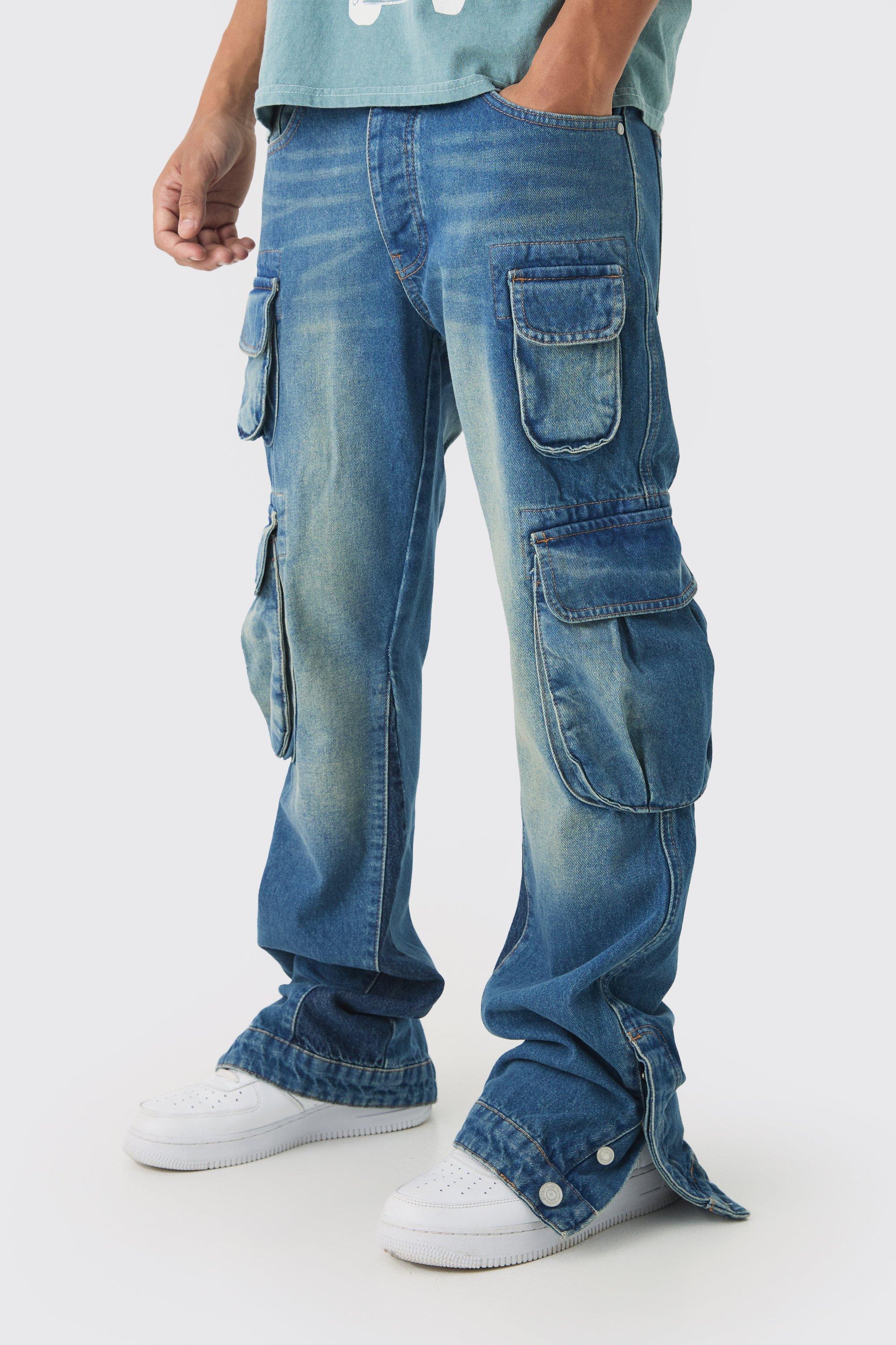 Mens Blue Slim Flared Cargo Gusset Jeans, Blue